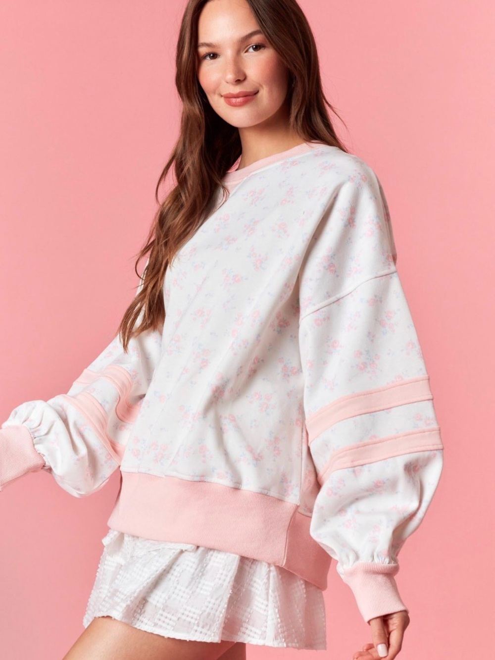 #2029. Peach Love CA Light Pink/Blue Floral Contrast Stripe Fleece Sweatsh - Picture 3 of 3